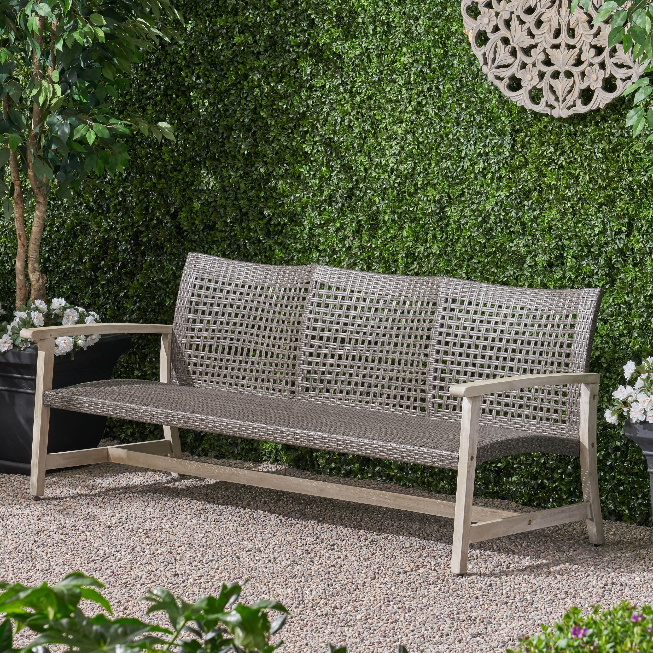 Marcia Outdoor 3-Seater Wicker Weave Sofa with Acacia Wood Frame