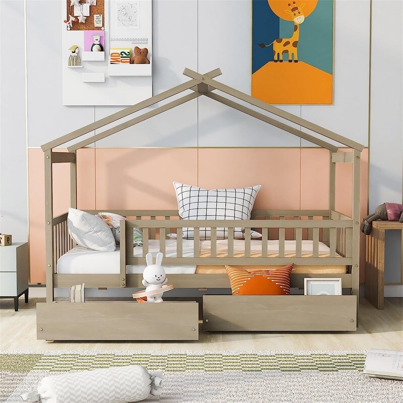 Twin House Bed with 2 Storage Drawers Rails and Roof for Kids