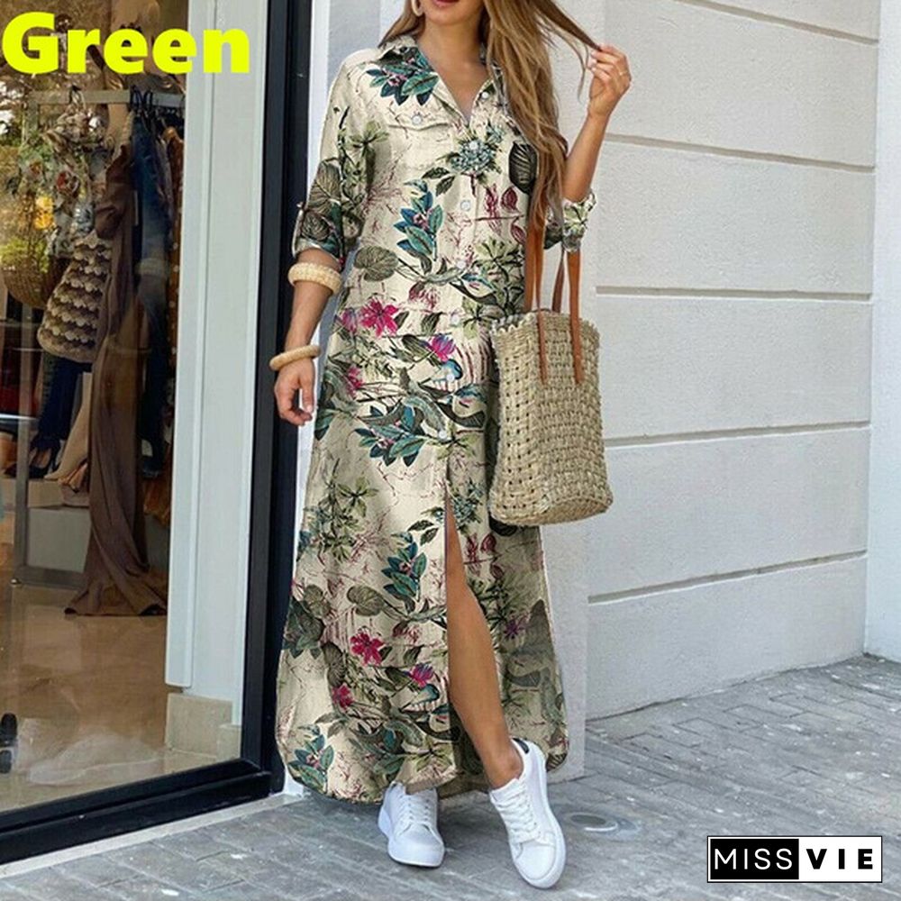 Fashion Women Summer Autumn Long Sleeve Turn-Down Collar Shirt Dresses Ladies Loose Printed Long Dresses Party Dresses