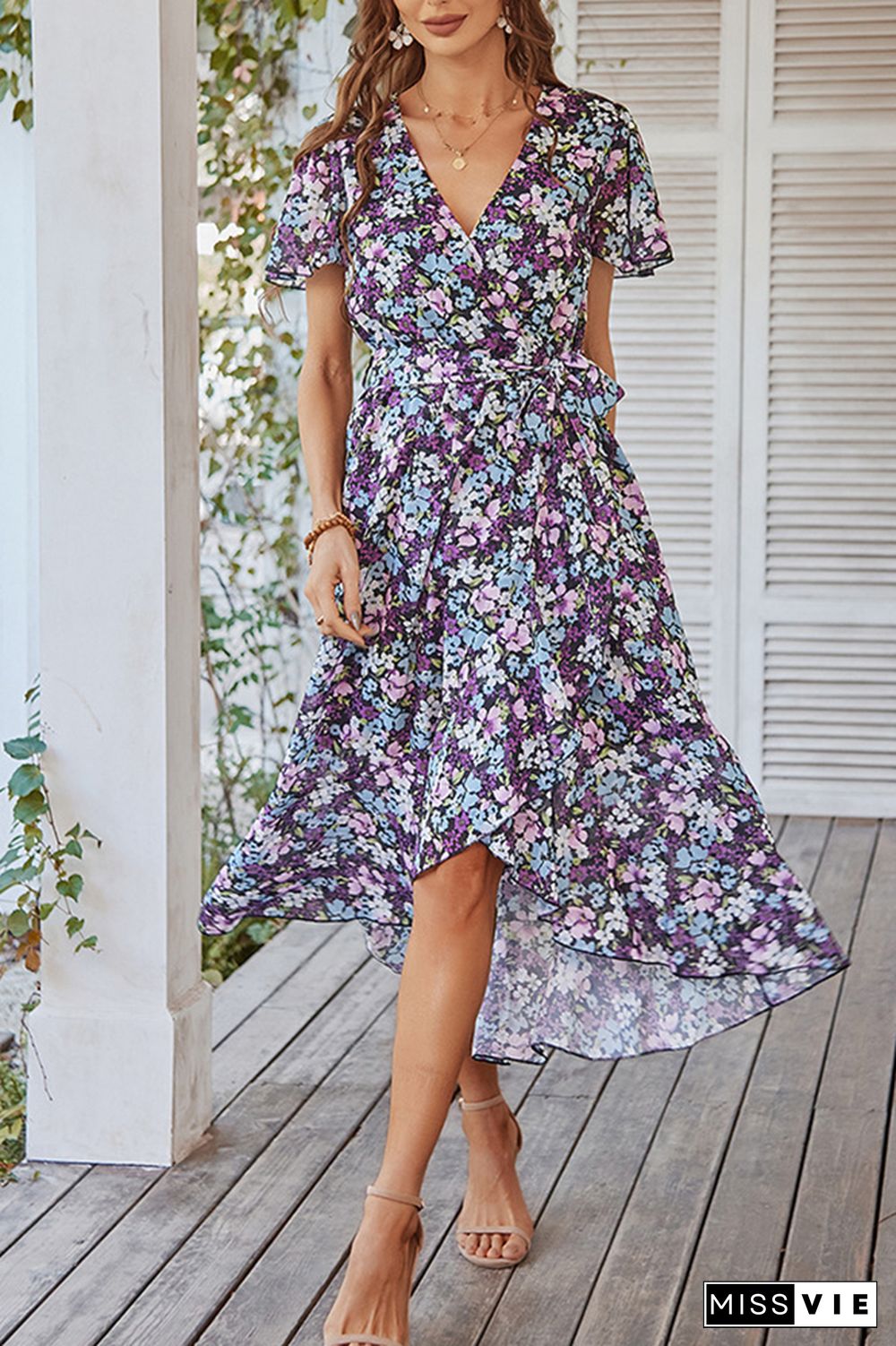 Floral Print V-neck Tie Waist Dress Wholesale