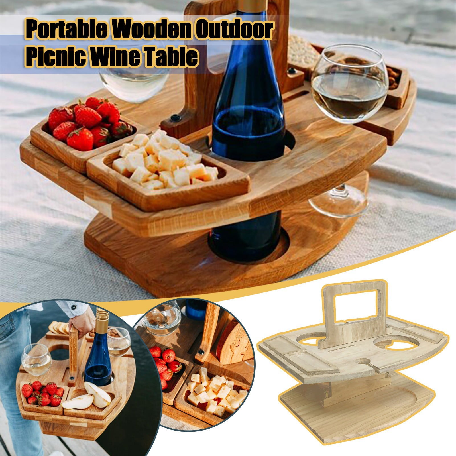 Yubatuo Portable Wine Picnic Table with Bottle and Glass Holder， Wooden Wine Picnic Tables for Outdoors， Champagne Picnic Snack Table， Bamboo Snack and Cheese Tray for Camping， Beach， Outdoor， Indoor