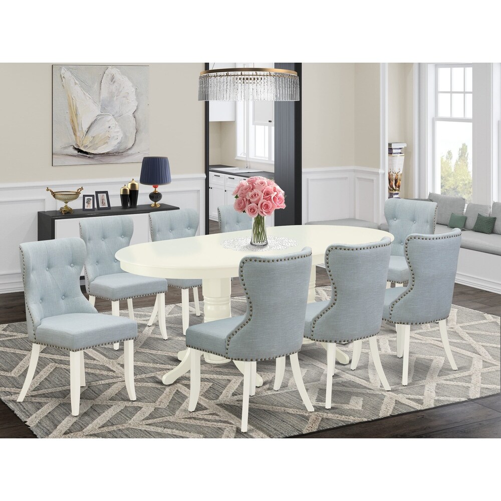 East West Furniture Kitchen Table Set  Oval Wooden Table and Baby Blue Linen Fabric Chairs  Linen White(Pieces Options)