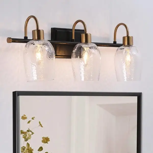 Modern 3-Light Black Gold Linear Bathroom Vanity Lights Glass Wall Sconces