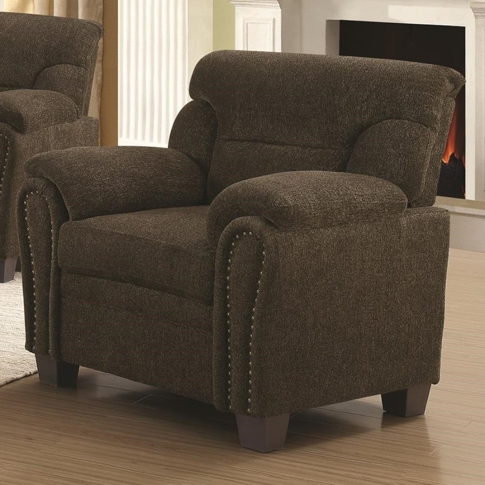 Transitional Chenille Fabric and Wood Chair With Padded Armrests， Brown