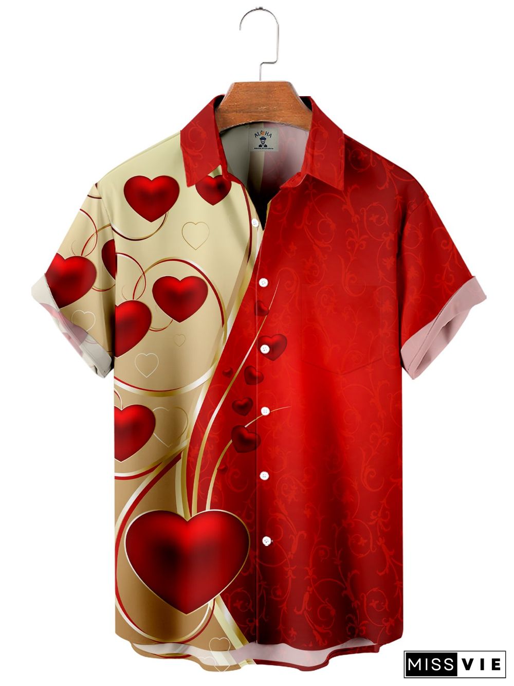 Men's Valentine's Day Heart Stitching Print Short Sleeve Shirt