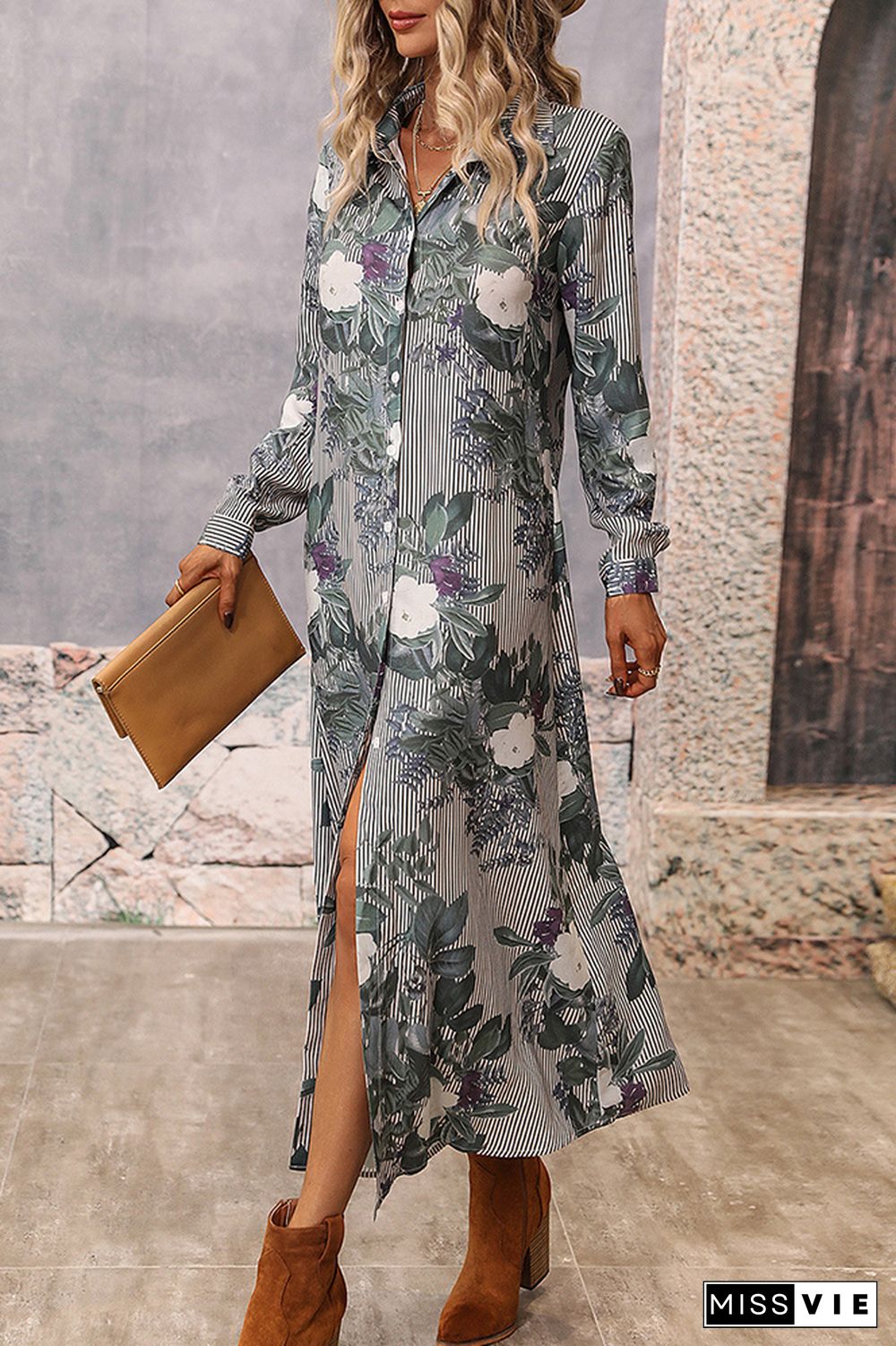 Flower Print Button Up Long Sleeve Shirt Dress