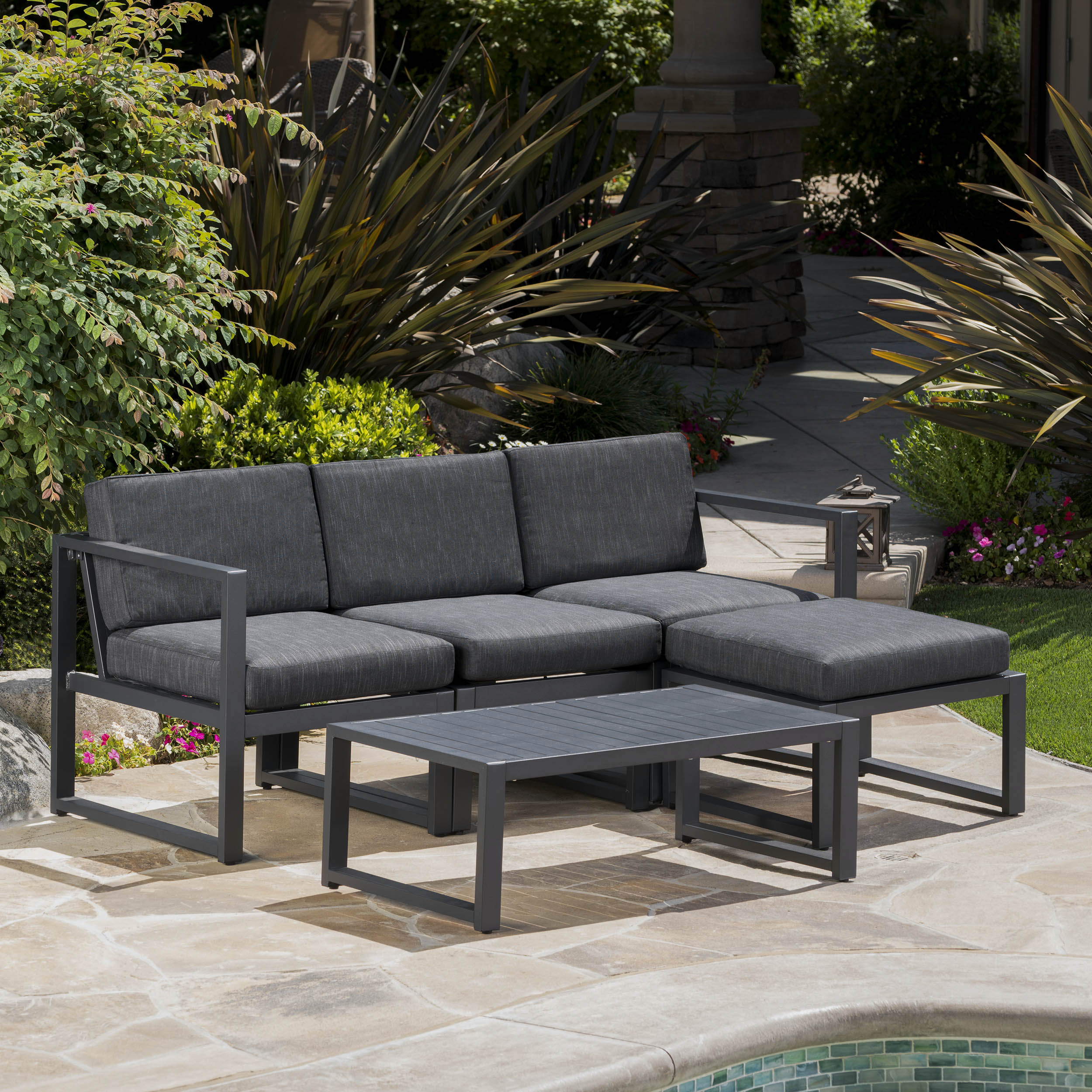 Nealie Modern Outdoor Dark Gray Aluminum Sectional Sofa Set with Black Cushions