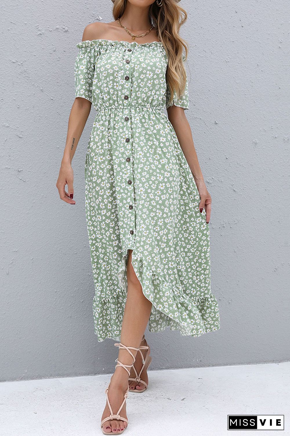 Off Shoulder Ruffled Floral Print Button Dress Wholesale