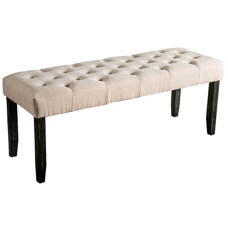 20 Inch Button Tufted Wooden Bench， Antique Black and Beige