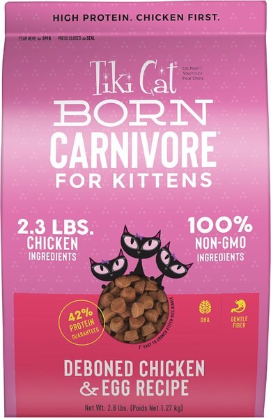 Tiki Cat Born Carnivore Deboned Chicken and Egg Recipe Dry Kitten Food， 2.8-lb bag