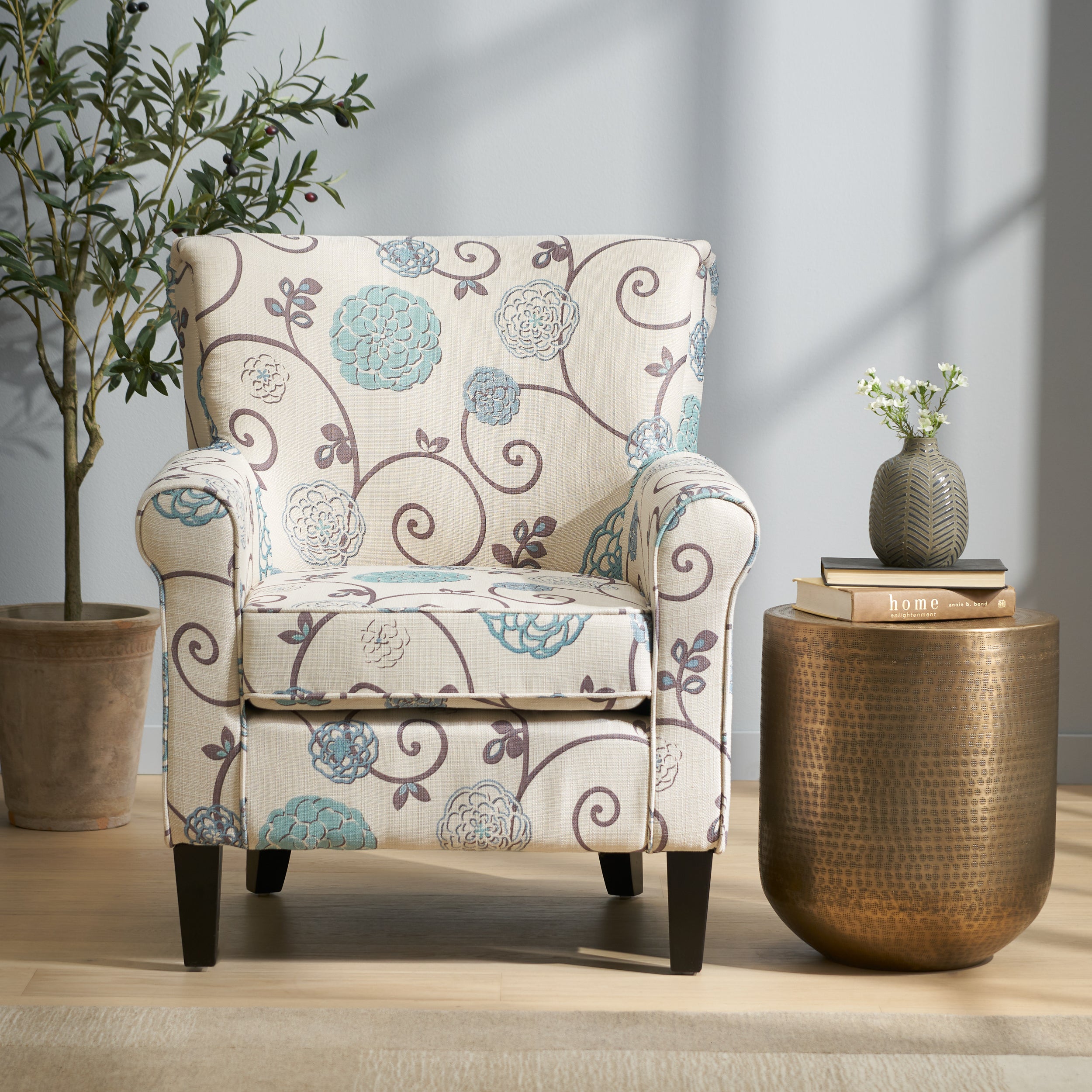 Roseville Scrolled Back Floral Print Fabric Club Chair