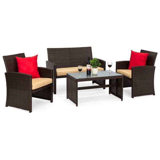 Best Choice Products 4 piece Outdoor Wicker Patio Conversation Furniture Set W Table Cushions