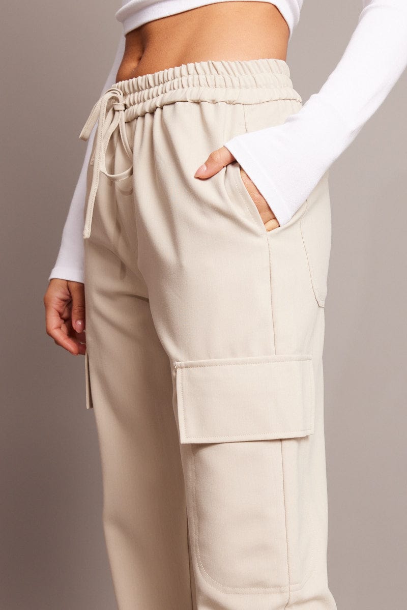 Beige Slim Pants Elasticated Hem