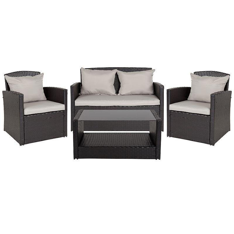 Merrick Lane Atlas 4 Piece Patio Set Contemporary Loveseat， 2 Chair and Coffee Table Set with Back Pillows and Seat Cushions