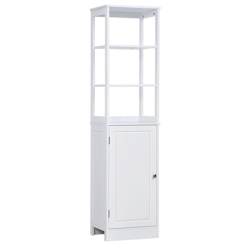 kleankin Tall Bathroom Storage Cabinet Freestanding Linen Tower with 3 Tier Open Shelf and Cupboard Slim Floor Organizer Grey