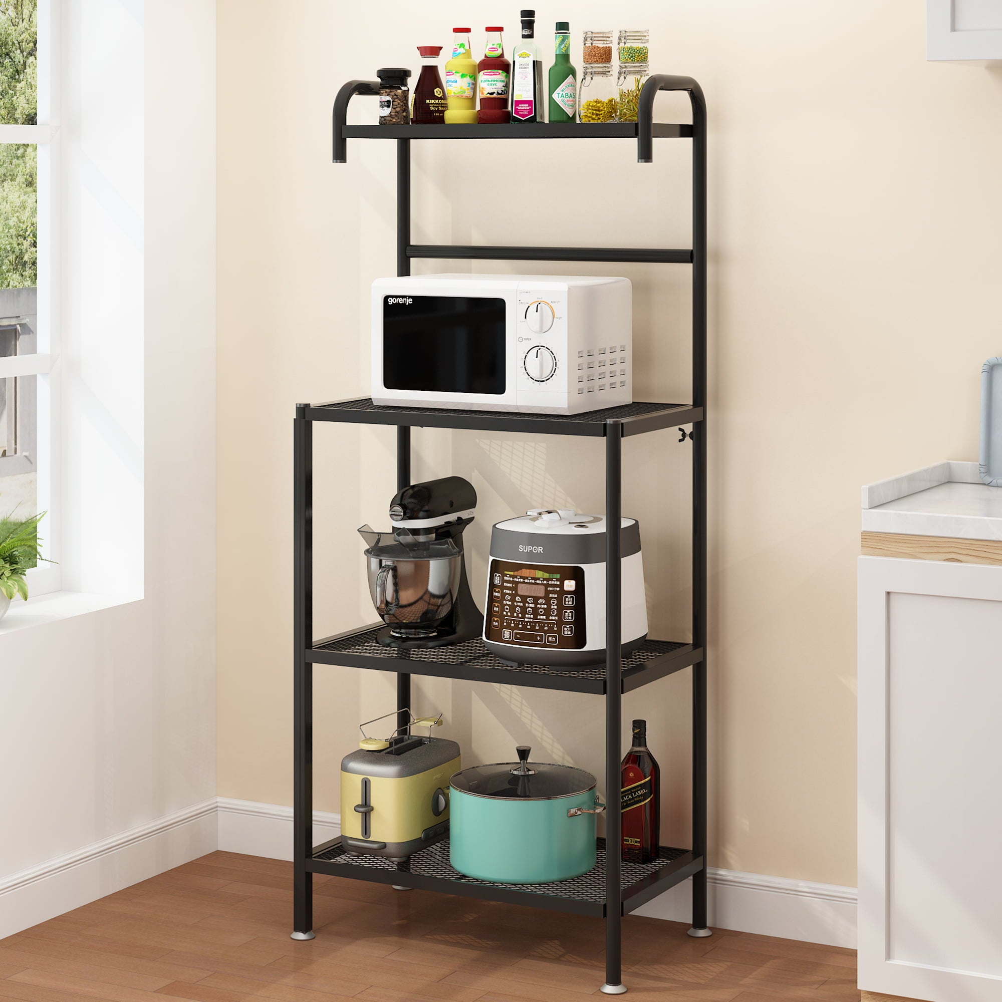 Ktaxon 4 Layers Baker's Rack Microwave Oven Stand Free Standing Kitchen Utility Storage Shelving Organizer， Kitchen Island Cart， Coffee Bar Table， Black