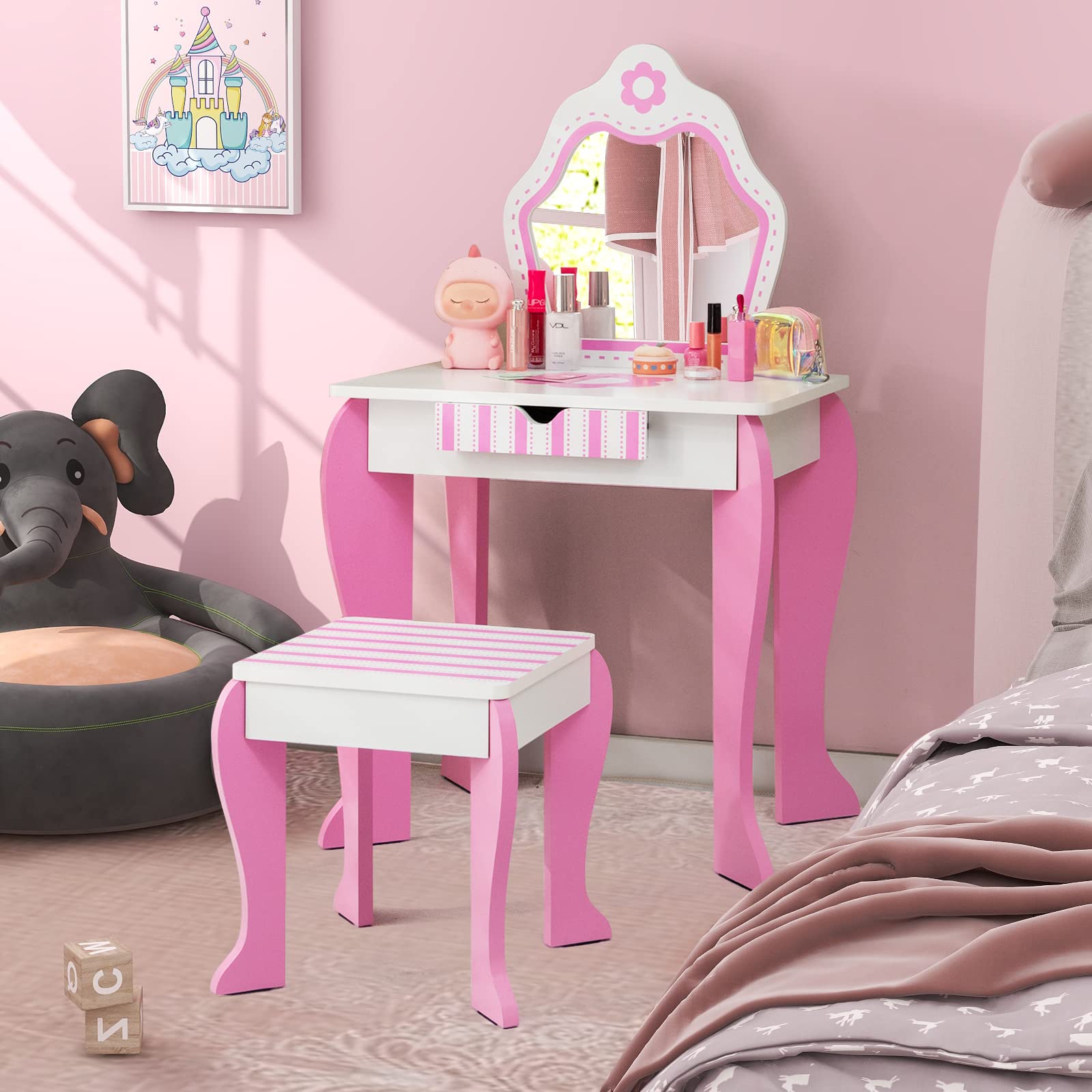 Costzon Kids Vanity, Girls Vanity Set with Mirror and Stool