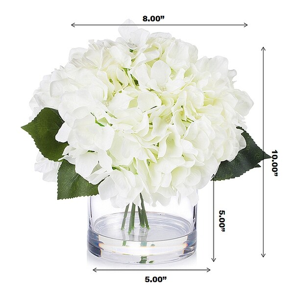 Enova Home Artificial Large Silk Hydrangea Fake Flowers Arrangement in Clear Glass Vase for Home Wedding Decoration