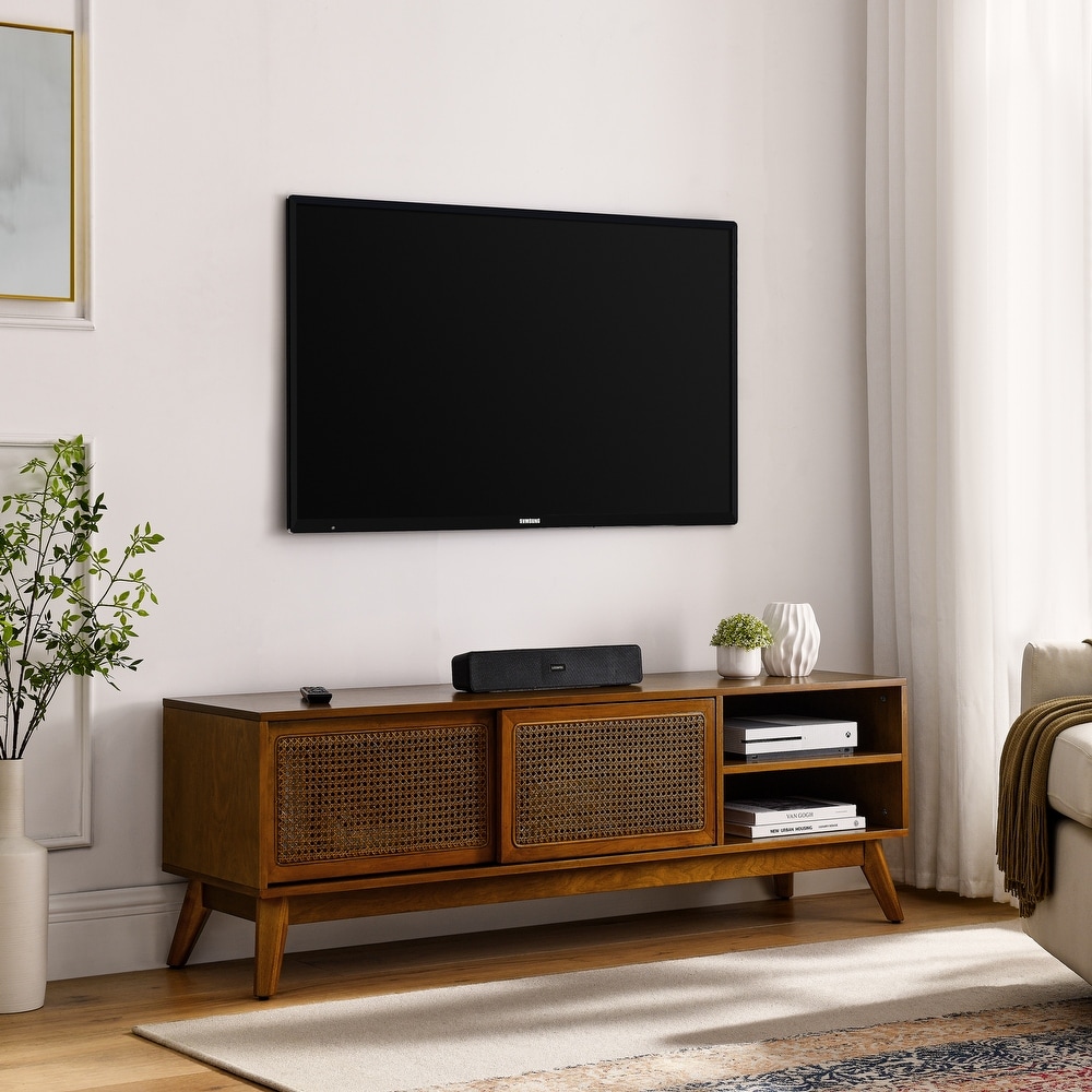 Rattan TV Stand Media Console Entertainment Cabinet for Living Room Bedroom w/ Wood Feet   Rattan Sliding Cabinet Doors