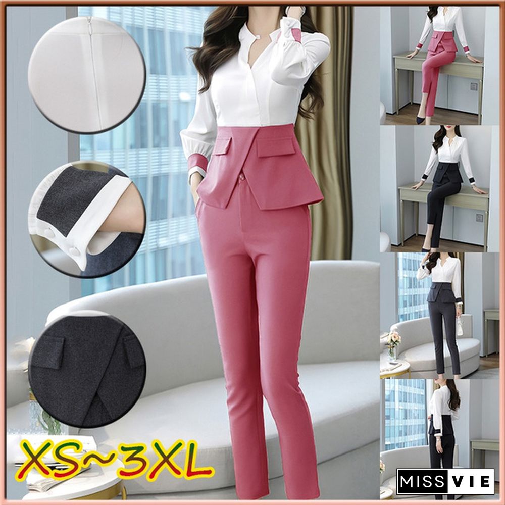 Designer Autumn Suit Women Pants 2 Piece Set Elegant Office Lady Outfits Hit Color Blouse And Pants Fashion Sets