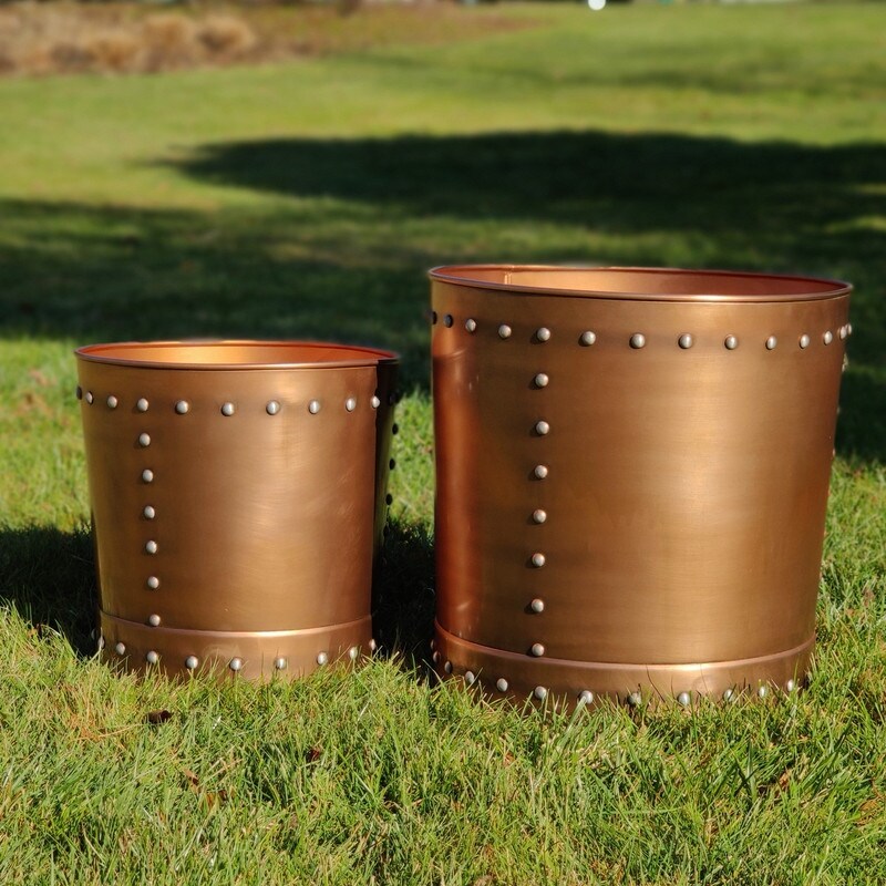 Unique Large Riveted Bronze Planter Set of 2 for Outdoor or Indoor Use  Garden  Deck  and Patio