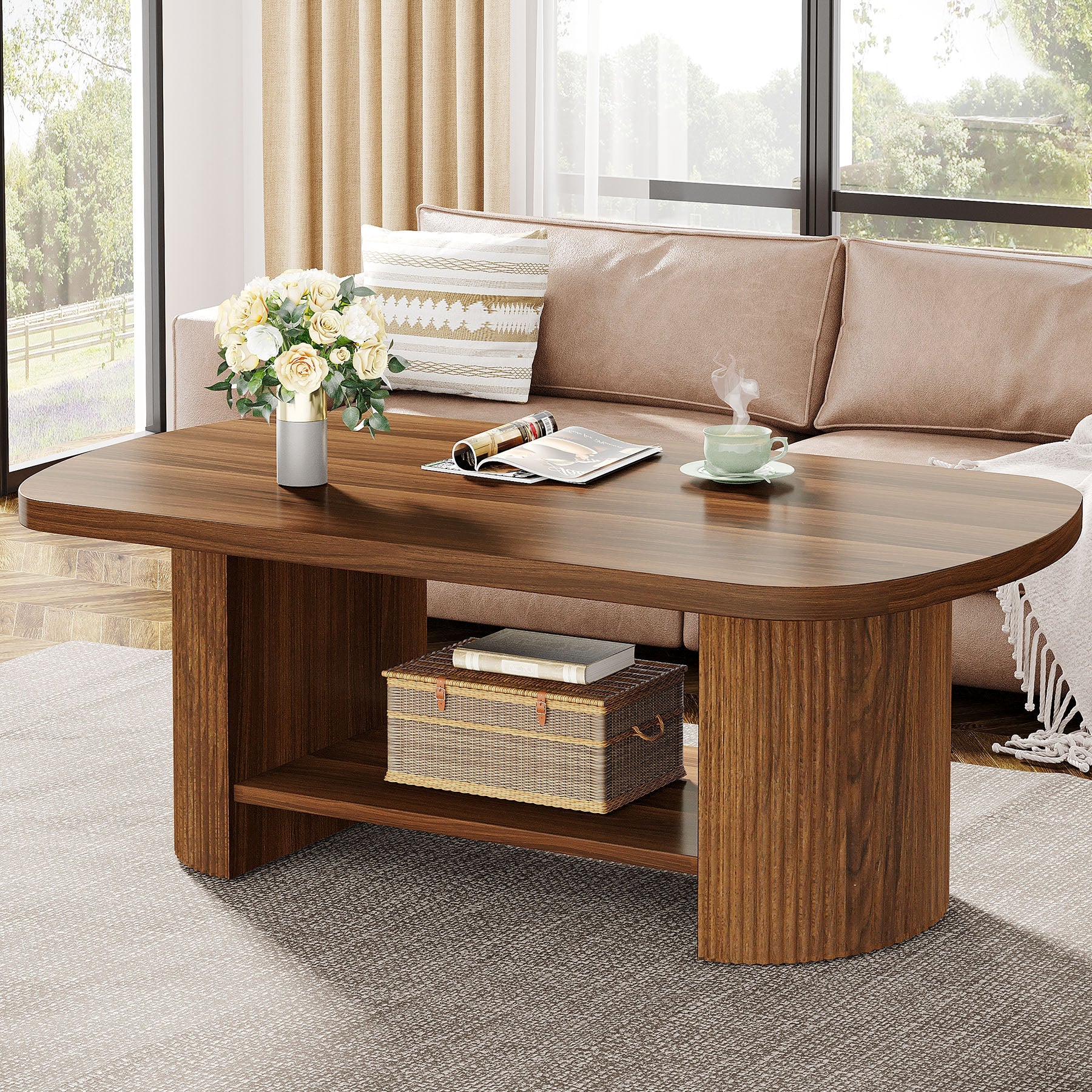 45 Coffee Table, Modern Oval 2-Tier Center Table With Storage