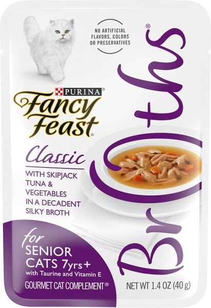 Fancy Feast Senior Classic with Skipjack Tuna and Vegetables in Broth Cat Food Complement and Topper， 1.4-oz pouch， case of 16