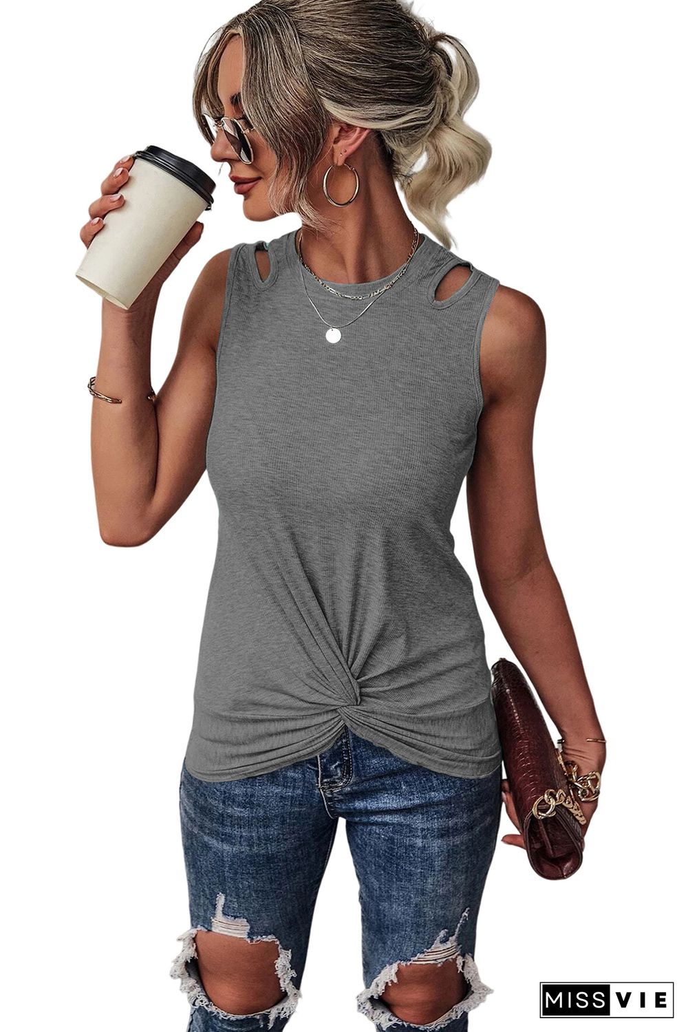 Gray Rib Knit Cut-out Front Twist Tank Top