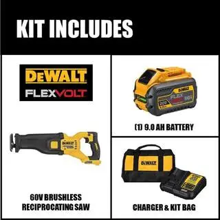 DEWALT FLEXVOLT 60V MAX Cordless Brushless Reciprocating Saw with (1) FLEXVOLT 9.0Ah Battery DCS389X1