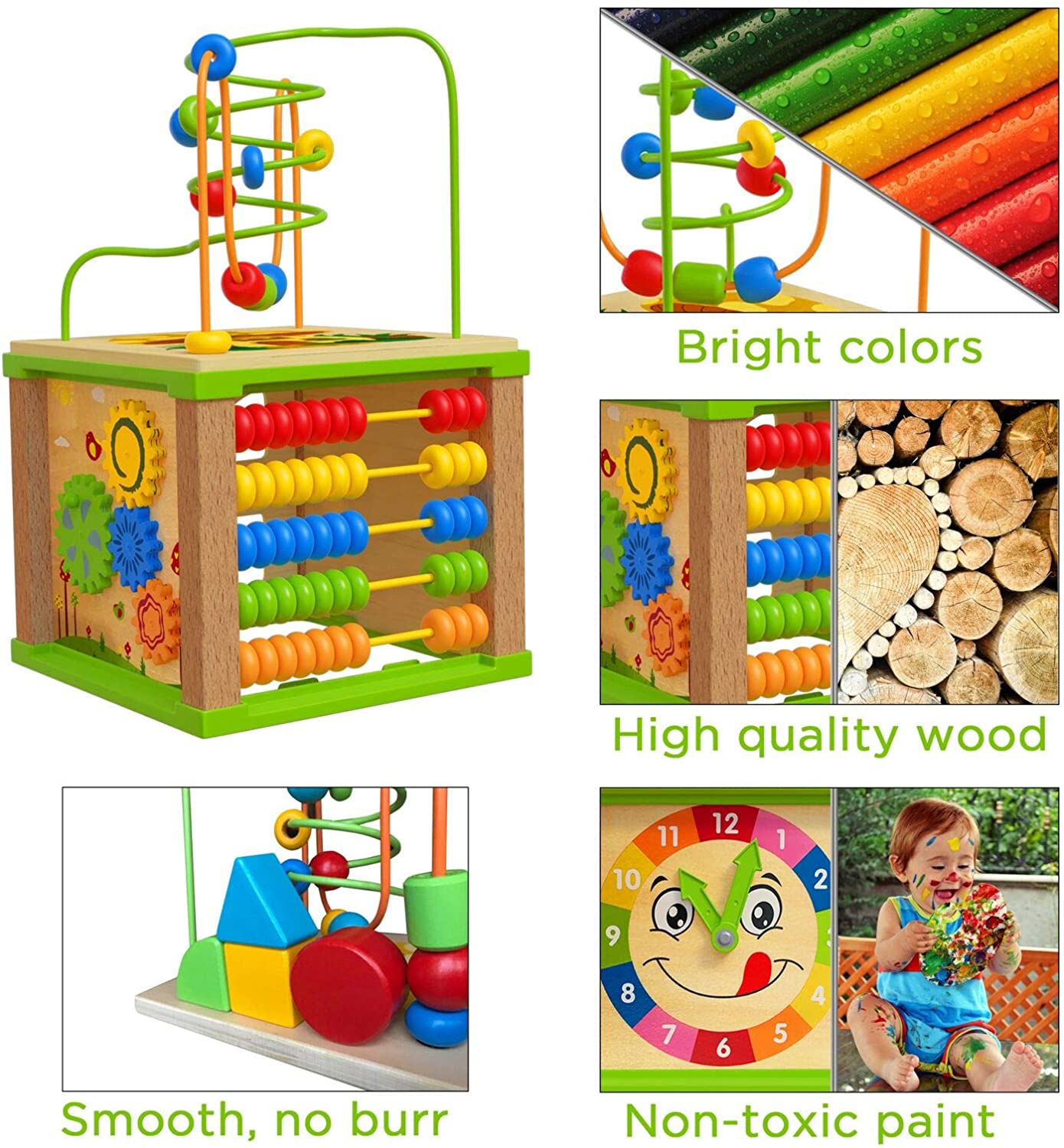 TOYVENTIVE Wooden Kids Baby Activity Cube， Toddler Educational， Toys 12-18 Months