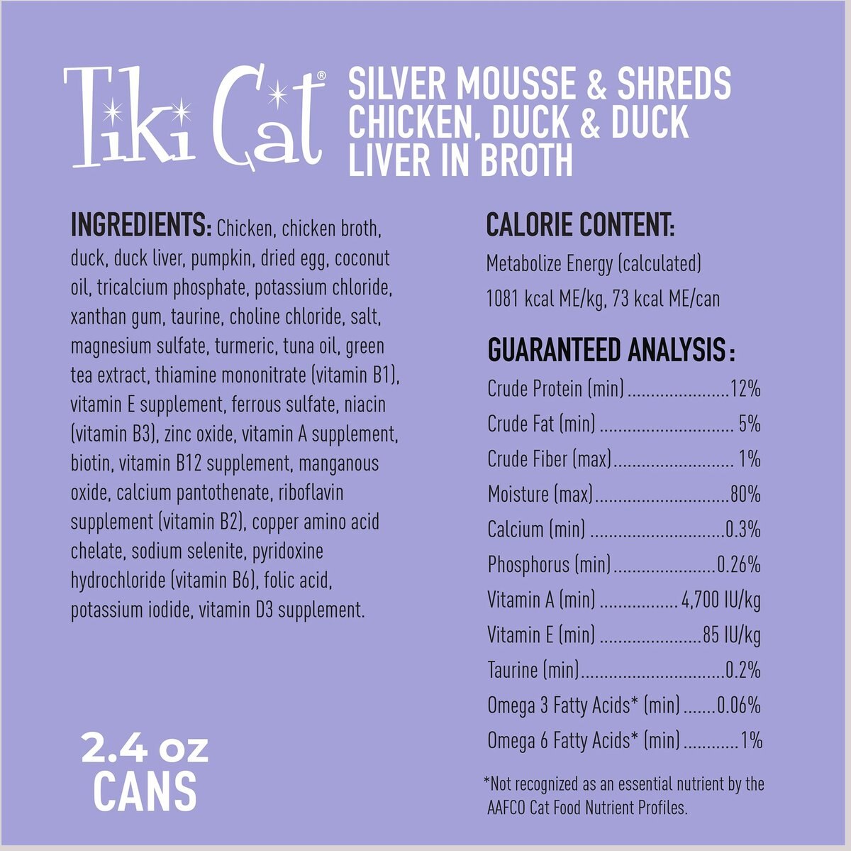 Tiki Cat Silver Chicken， Duck and Duck Liver Recipe in Broth Senior Shreds and Mousse Wet Cat Food， 2.4-oz can， case of 6