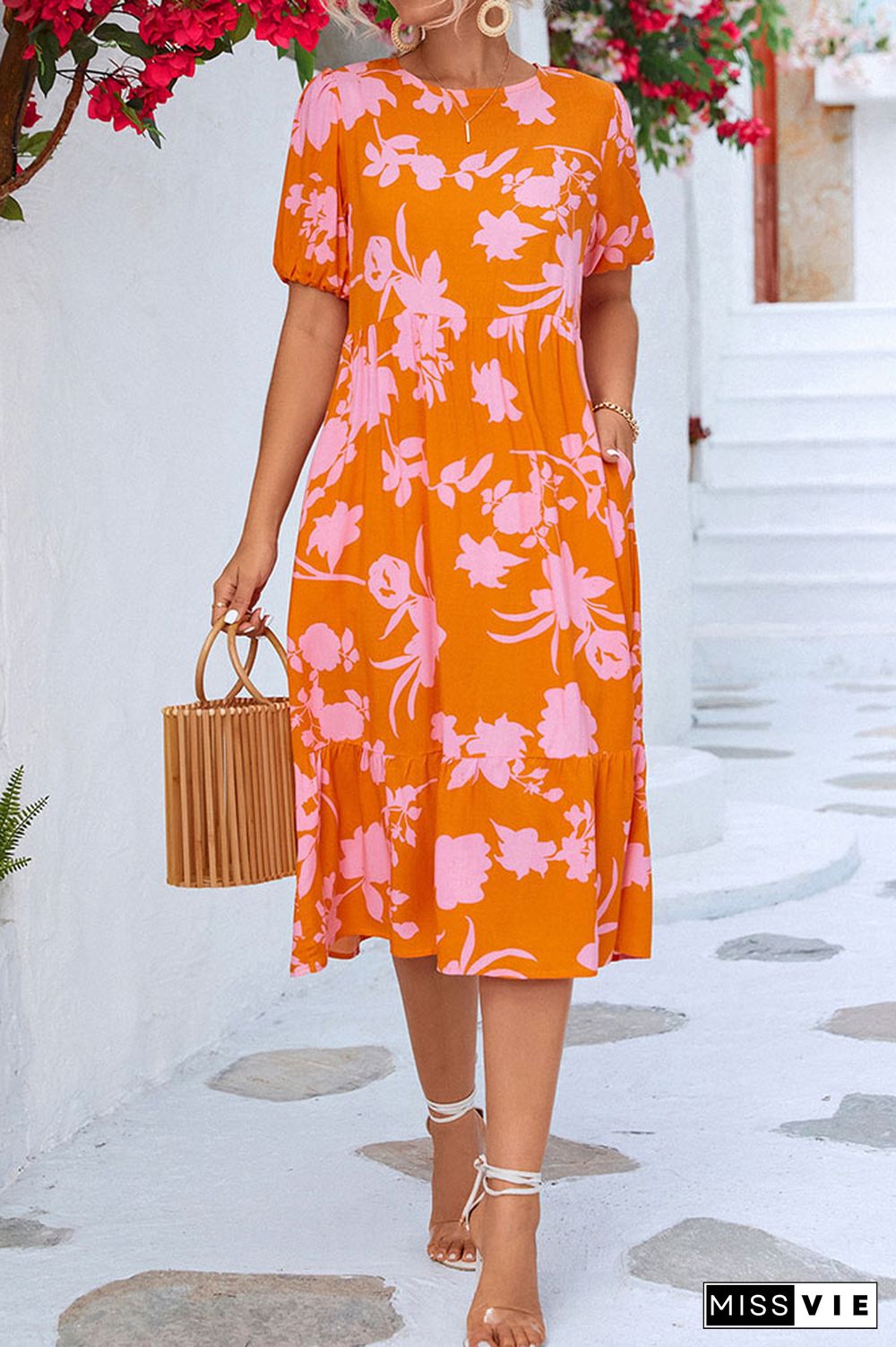 Round Neck Pleated Floral Midi Dress