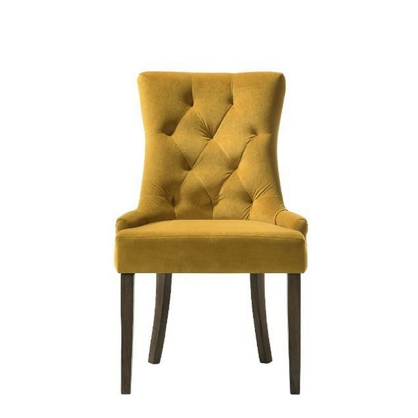 Esme 24 Inch Solid Wood Dining Chair， Velvet Tufted， Set of 2， Yellow