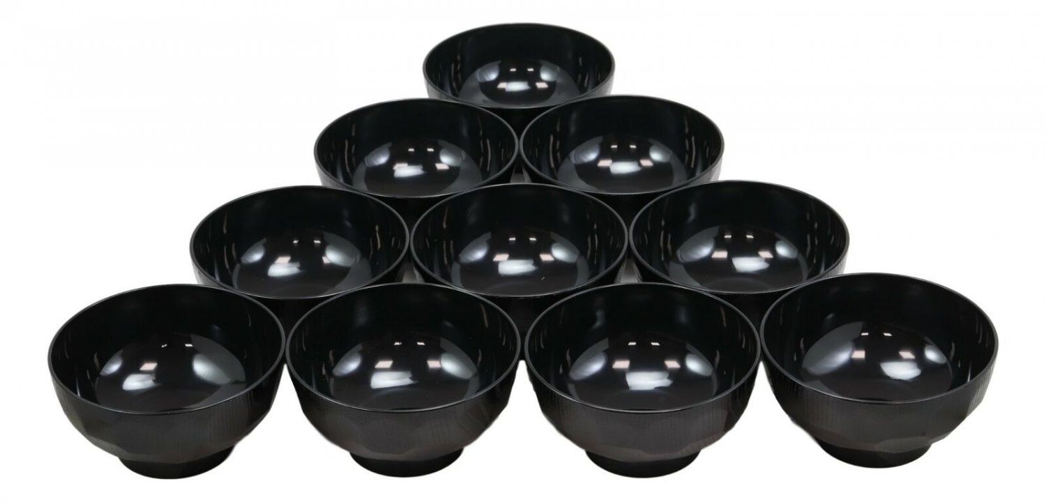 1 Japanese Contemporary 11oz Black Lacquer Ridged Rice Miso Soup Bowls Set of 10 EBR02