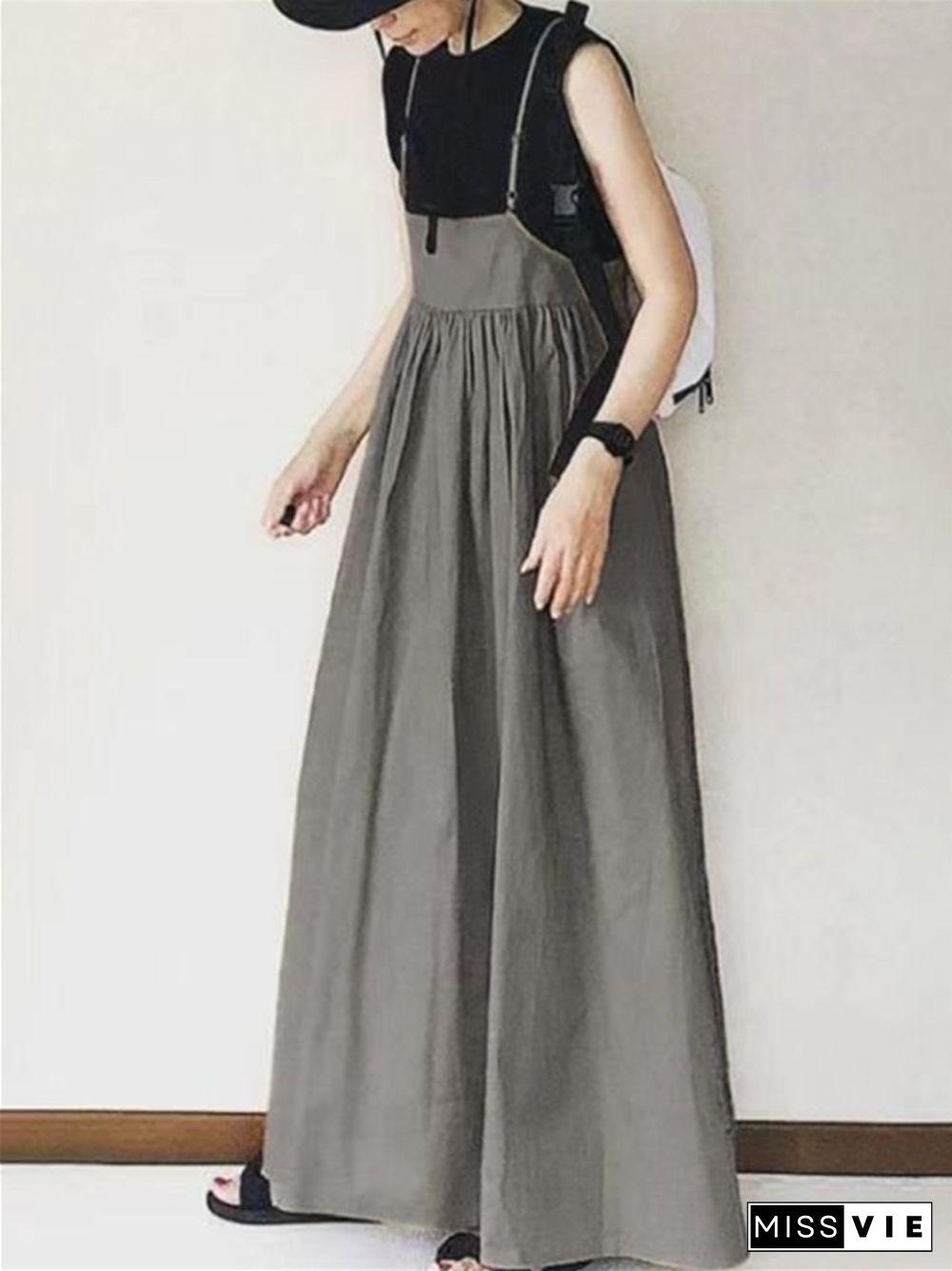 Long Skirt Spring Summer High Waist Skirt Solid Color Pleated Sling Long Skirt