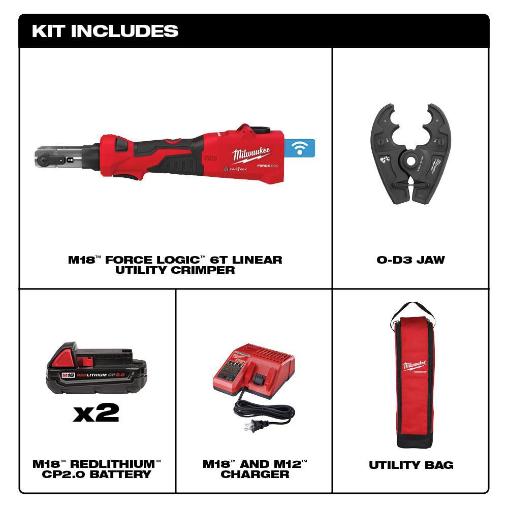 MW M18 FORCE LOGIC 6T Linear Utility Crimper Kit with O-D3 Jaw 2978-22O from MW