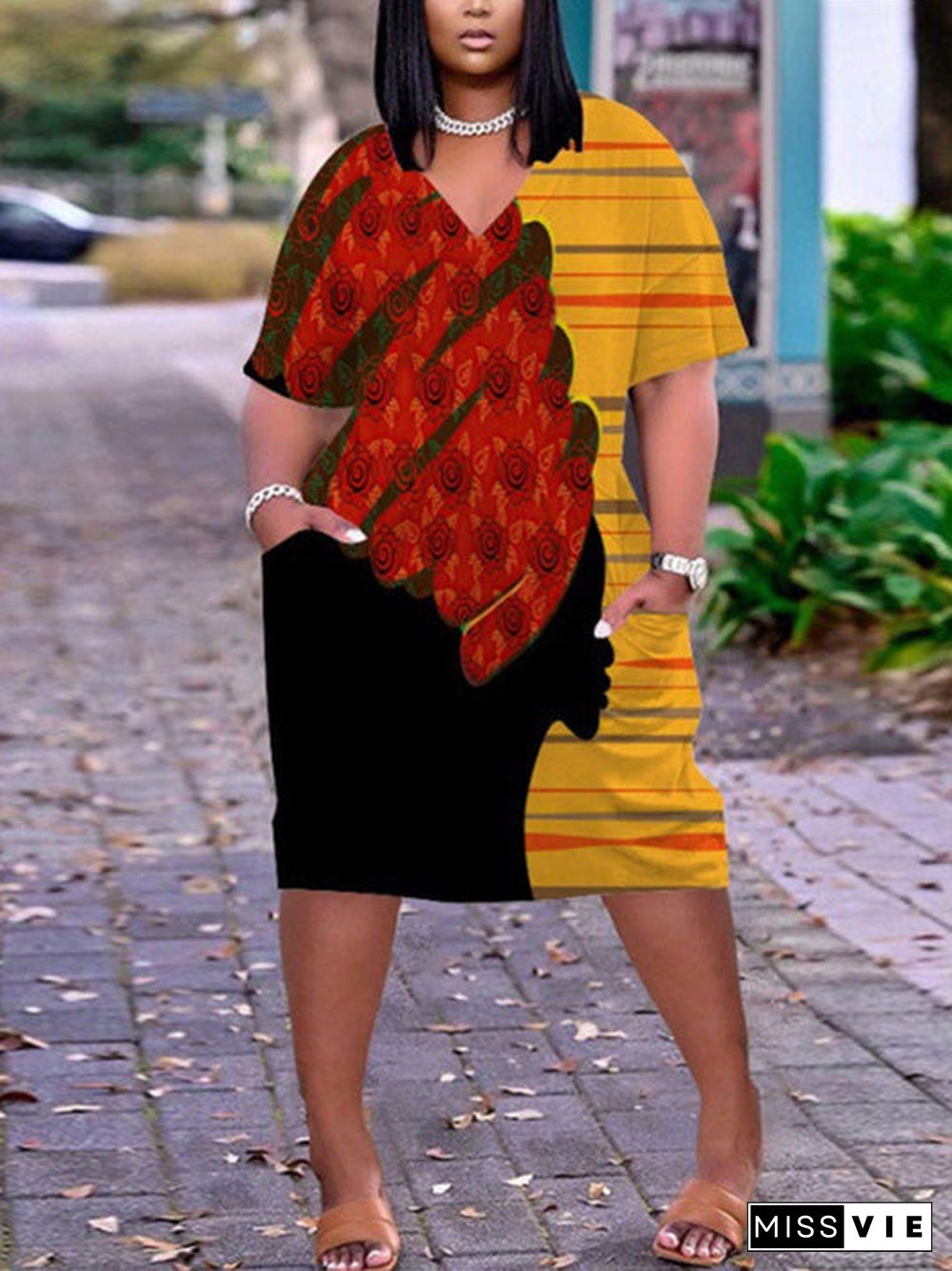 Women's Yellow Plus Size V-neck Mid-sleeve Dress