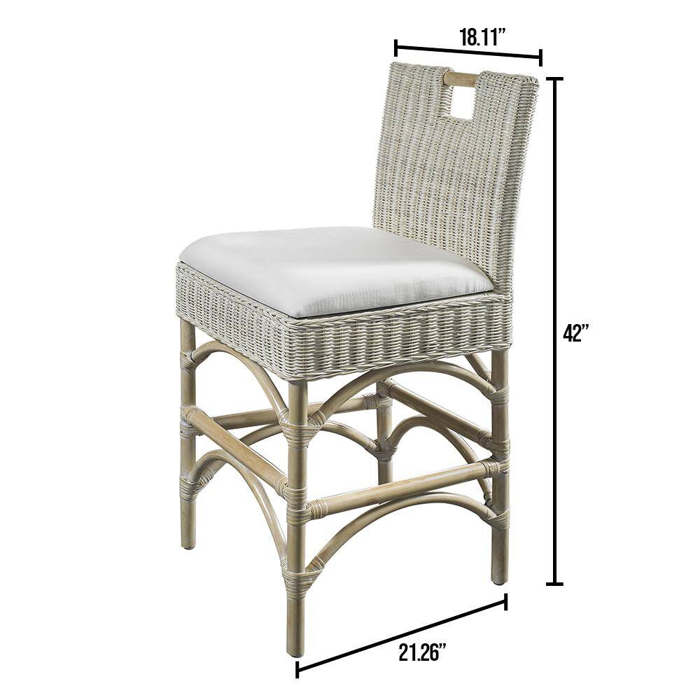 Padma's Plantation Malio 35.83 in. Whitewash Full Back Rattan Frame Counter Height (24-27 in.) Counter Stool with Fabric Seat MAL16-WHW