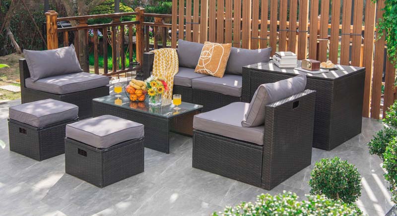 8 Pcs Rattan Patio Sectional Sofa Set with Storage Box & Waterproof Cover