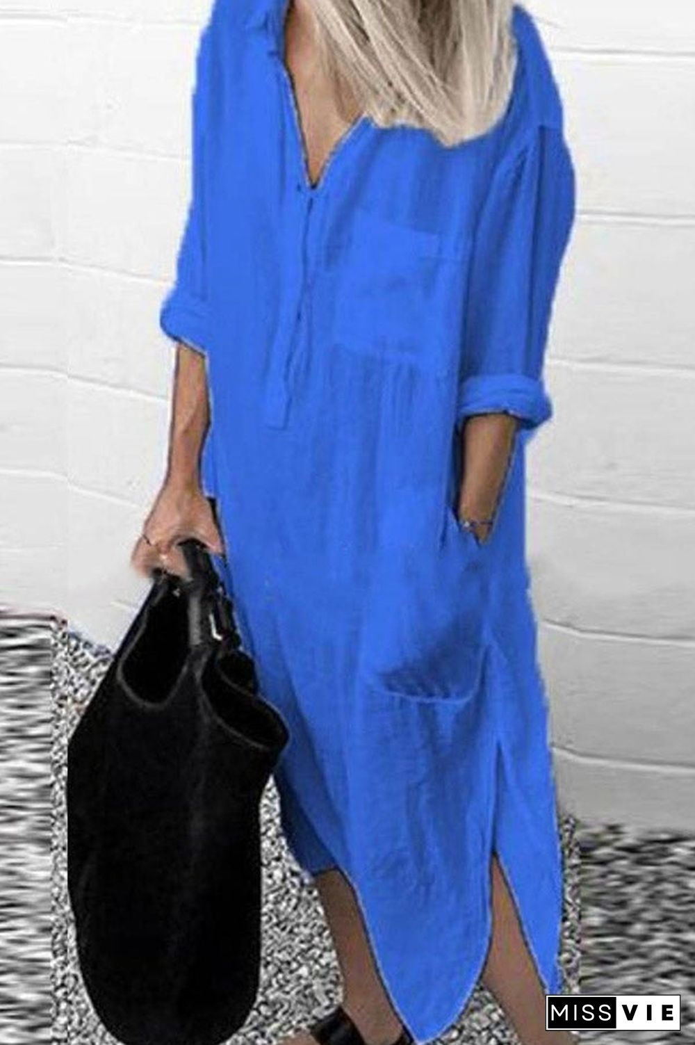 Casual Solid Color Split Shirt Dress