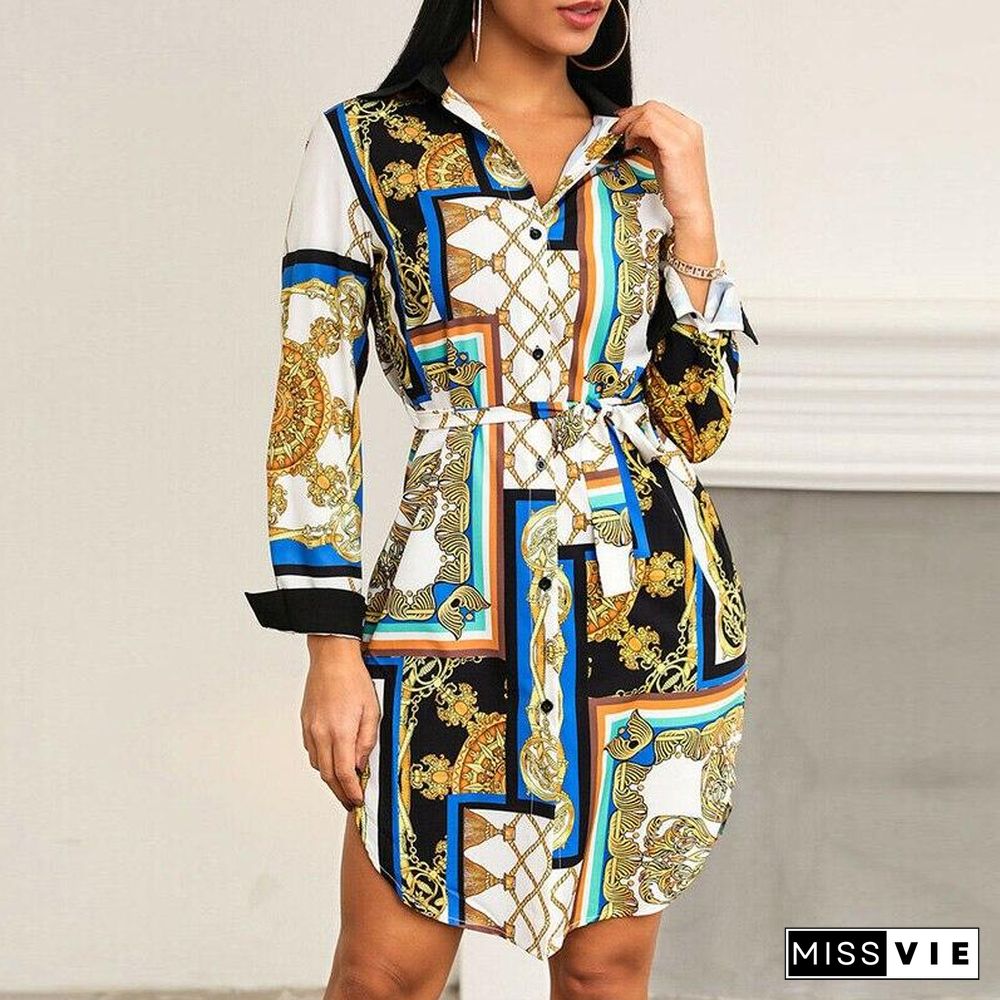 Women's Printed Mid-length Long-sleeved Shirt Dress