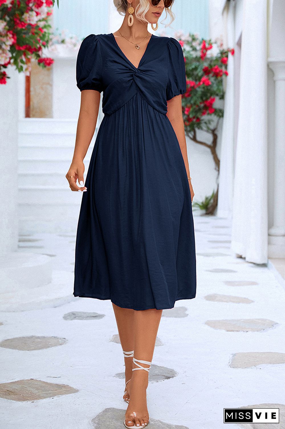 Plain V Neck Twisted Bubble Sleeves Midi Dress