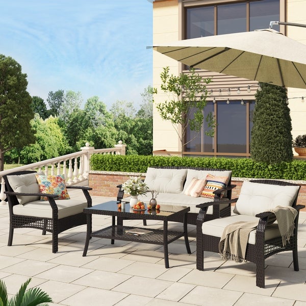 4 Piece Rattan Sofa Seating Group with Cushions， Outdoor Ratten sofa - Overstock - 33824781