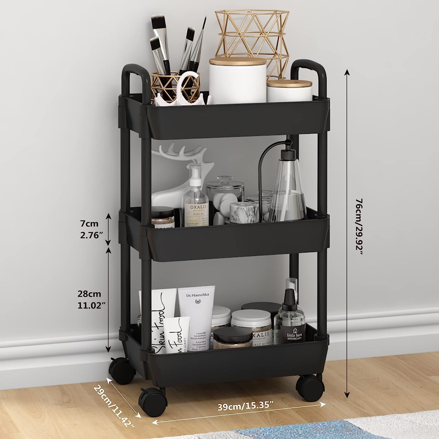 LEZZYRUCK Rolling Utility Cart 3-Tier Rolling Cart with Wheels Storage Organizer for Kitchen Black