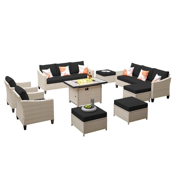 HOOOWOOO 9piece Outdoor Patio Wicker Furniture Cushioned Seating Set with Fire Pit Table