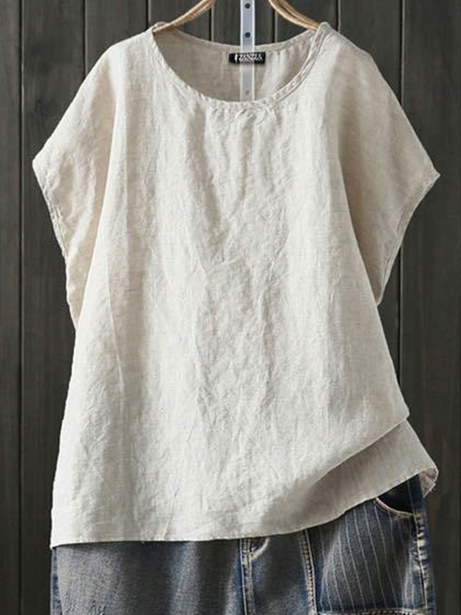 Round Neck Casual Loose Solid Color Short-sleeved Blouse