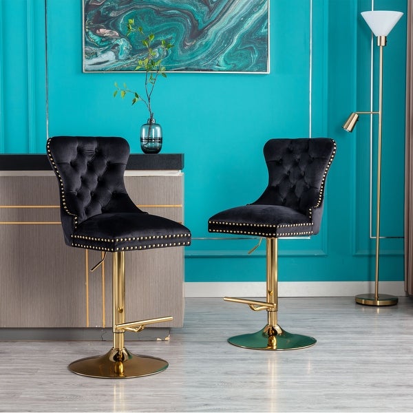 Modern Swivel Bar Stools Set of 2 Adjustable Counter Height with Velvet Upholstered Stool with High Back and Ring Pull