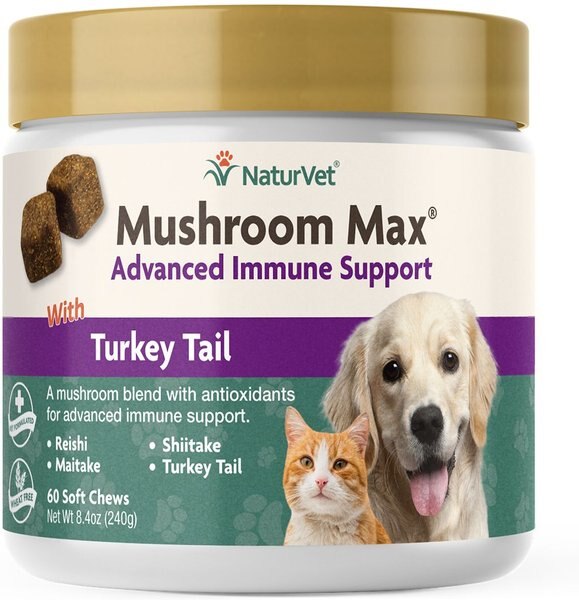 NaturVet Mushroom Max with Turkey Tail Soft Chews Immune Supplement for Cats and Dogs