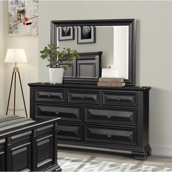 Roundhill Furniture Renova Vintage Black Wood Bedroom Set， Panel Bed， Dresser， Mirror， Two Nightstands - - 31525130