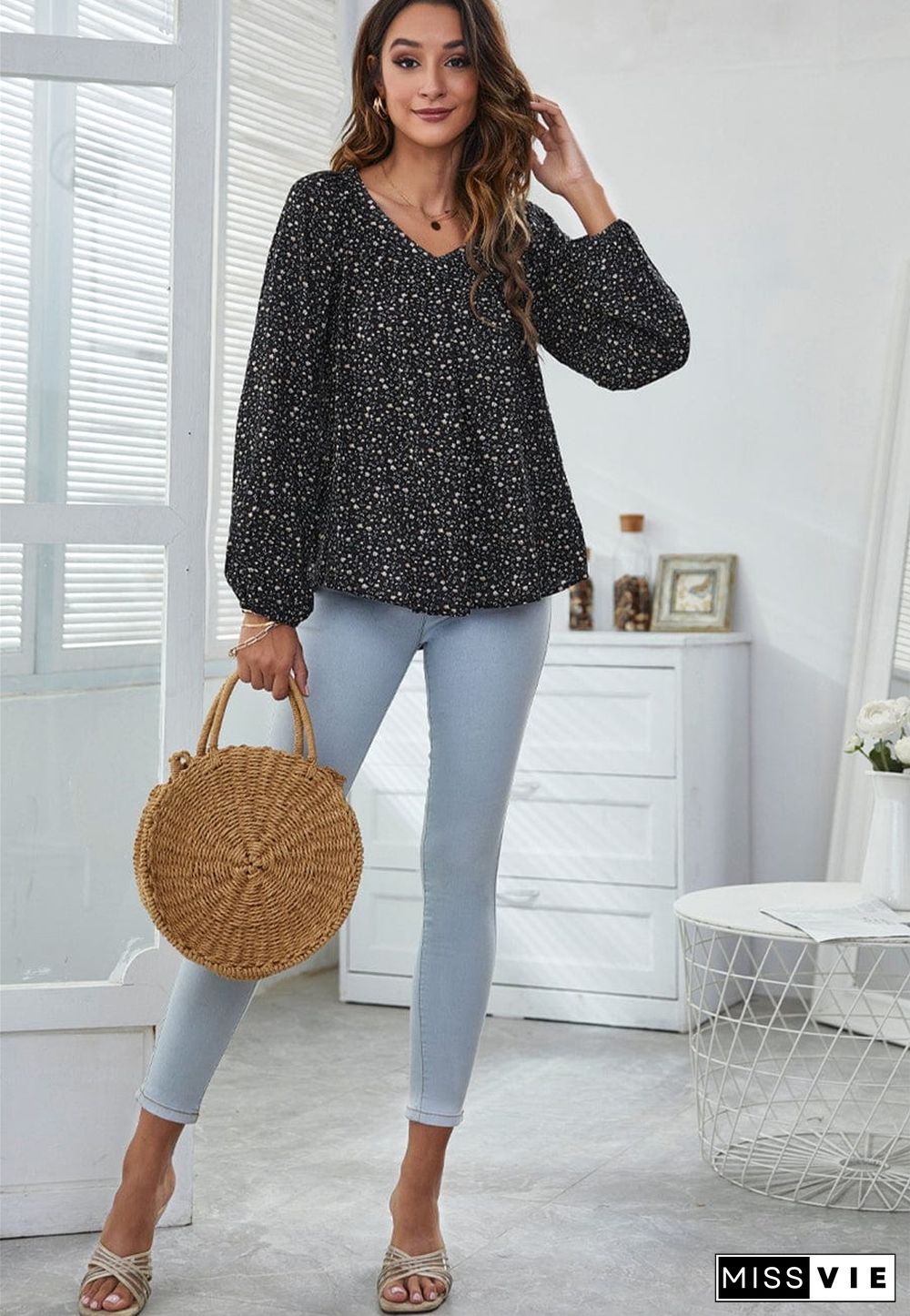 Classic V Neck Floral Blouse